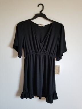Rewind Black Wrap-Style Mini Dress with Ruffle Hem